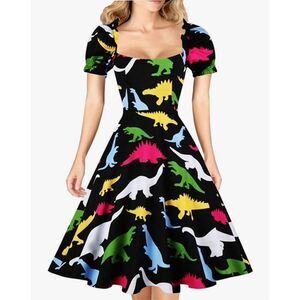NEW Dinosaur Puff Sleeve 1950s Square Neck Pockets Dress XL 12/14